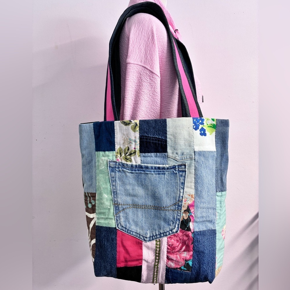 Handmade/Upcycled Shoulder/Tote, 17” x 15”, Multicolored, Floral, Denim - Picture 2 of 6